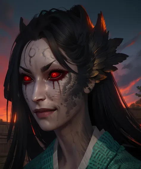 ubume,red eyes,black hair,bangs,smile,
green kimono,dirty,angry,cleavage,red sash,
standing,
edo japan,underworld,red sky,
(insanely detailed, beautiful detailed face,beautiful detailed eyes, masterpiece, best quality),<lora:ubume:0.8>,