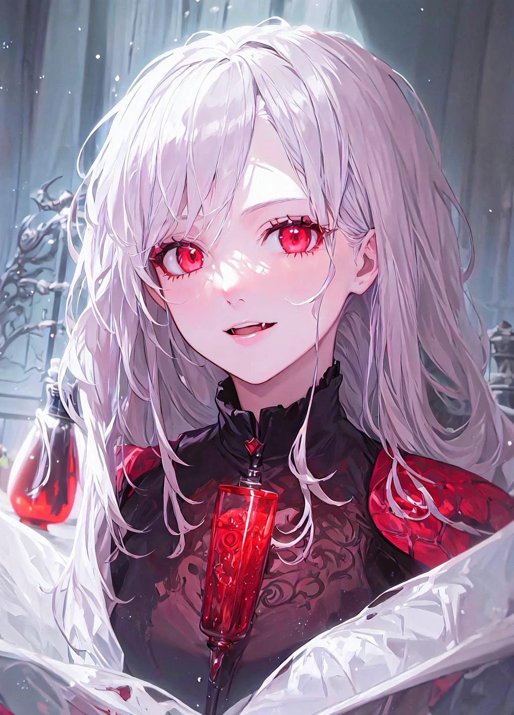 vampire, red alchemy potions, red alchemy potion, potion bottle, glowing red potion, masterpiece, best quality, ultra-detailed, illustration, ultra-detailed face, best quality face, evil, 30 years old, adult, 1girl, 30 years old, <lora:majesticContainers_v10:1>, no human, white hair, alchemy outfit, intricate detailed outfit, black outfit, glowing jewellery,