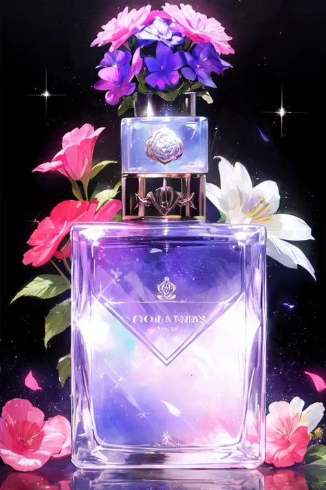no human, perfume bottle, pink flowers, the universe, purple theme, black background