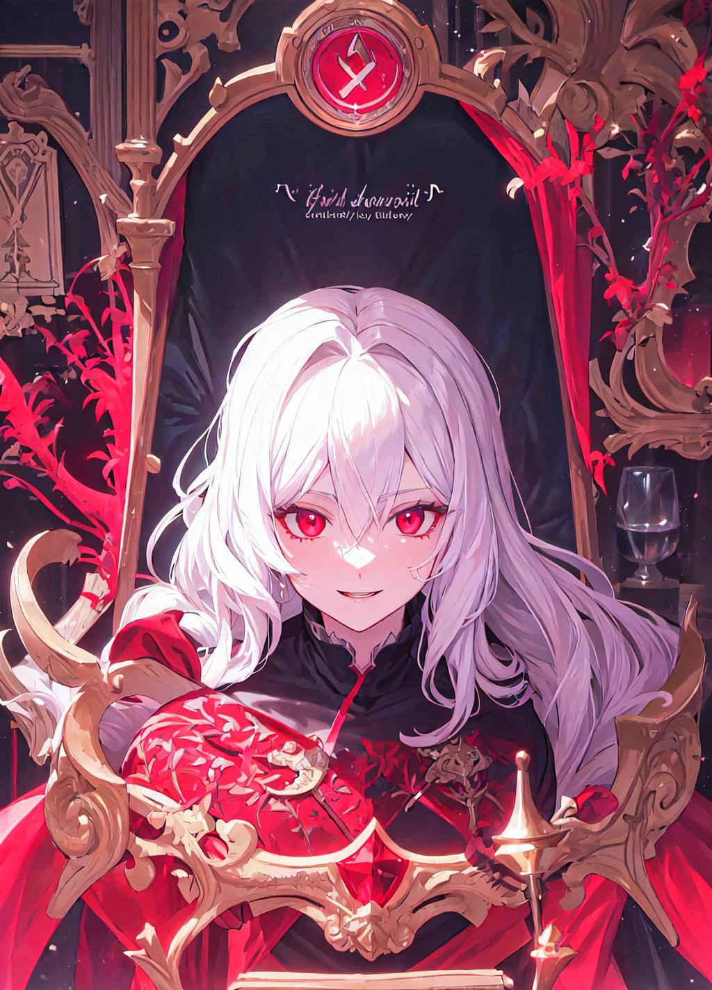 vampire, red alchemy potions, red alchemy potion, potion bottle, glowing red potion, masterpiece, best quality, ultra-detailed, illustration, ultra-detailed face, best quality face, evil, 30 years old, adult, 1girl, 30 years old, <lora:majesticContainers_v10:1>, no human, white hair, alchemy outfit, intricate detailed outfit, black outfit, glowing jewellery,