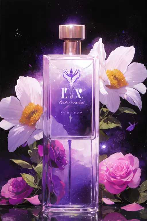 no human, perfume bottle, pink flowers, the universe, purple theme, black background