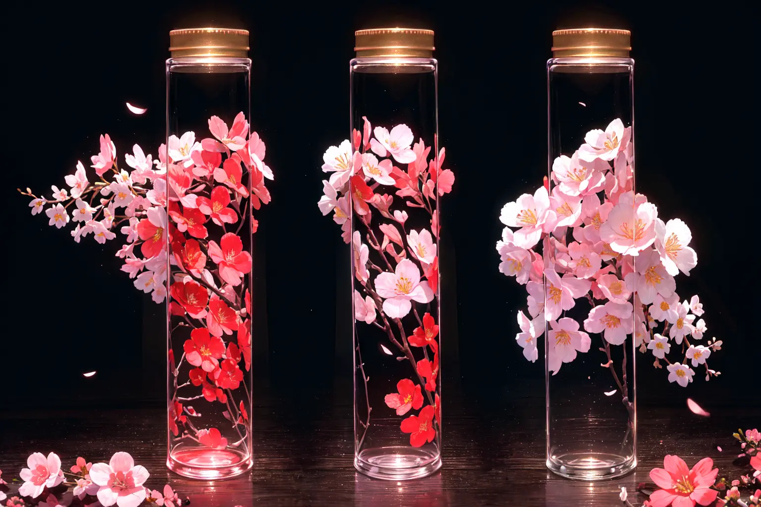 no human, light bulb:2, nature, cherry blossom, tree,open bottle, no cap, pink flowers, flowers, bottle, black background, high contrast, HDR, pink theme, red theme, purple theme