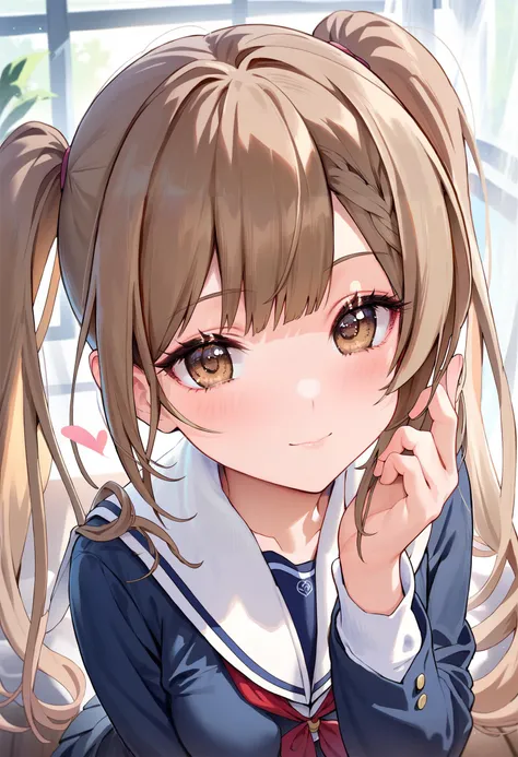 score_9,score_8_up,score_7_up,<lora:PDFA_Style7256193366-000180:0.9>,1girl,solo,bangs,blush,smile,looking at viewer,indoors,blurry,blurry background,braid,brown eyes,brown hair,closed mouth,depth of field,eyelashes,hand up,heart,long hair,long sleeves,school uniform,sidelocks,sitting,twintails,upper body