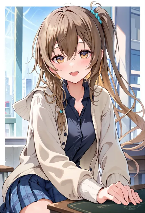 score_9,score_8_up,score_7_up,<lora:PDFA_Style7256193366-000180:0.9>,1girl,solo,blush,smile,looking at viewer,casual,cityscape,black shirt,blue skirt,braid,brown hair,cardigan,colored inner hair,hair between eyes,jacket,long sleeves,open mouth,plaid,plaid skirt,school uniform,shirt,side ponytail,sidelocks,single braid,sitting on desk,skirt,white border,white jacket