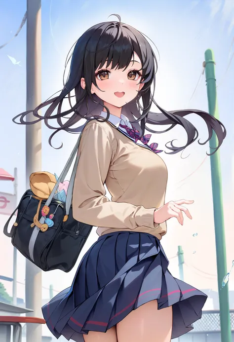 score_9,score_8_up,score_7_up,<lora:PDFA_Style7256193366-000180:0.9>,1girl,solo,bangs,blush,smile,looking at viewer,indoors,:d,:o,bag,black hair,blurry,blurry background,brown eyes,day,floating hair,grey background,long sleeves,open mouth,outdoors,pleated skirt,school bag,school uniform,sidelocks,skirt