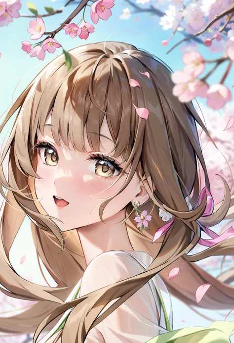 <lora:Animagine_Style7256193366v5-000210:1>, 1girl, solo, long hair, close up face, cherry blossoms, looking at viewer, outdoors, flower, brown hair, brown eyes, blush, earrings, tree, day, pink flower, jewelry, floating hair, yellow eyes, flower earrings, branch, sidelocks, spring (season), :d, falling petals, sunlight, hair ribbon, blurry, masterpiece, best quality, very aesthetic, absurdres