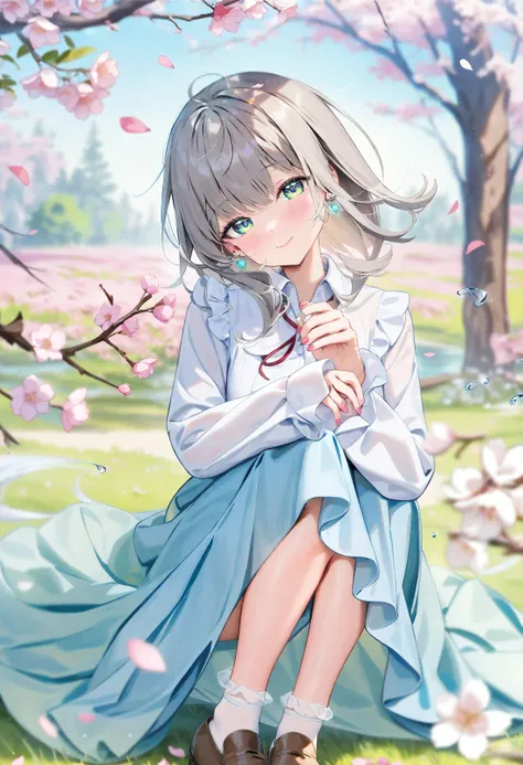 <lora:Animagine_Style7256193366v5-000210:1>, 1girl, solo, outdoors, looking at viewer, white shirt, long sleeves, sitting, blue skirt, blurry, smile, blush, blue eyes, white socks, ankle socks, closed mouth, grass, blurry background, brown footwear, grey hair, cherry blossoms, head_tilt, knees up, long skirt, depth of field, day, petals, medium hair, blurry foreground, earrings, jewelry, tree, long hair, floating hair, hand up, green eyes, loafers, frilled sleeves, branch, looking to the side, water, falling petals, sleeves past wrists, collared shirt, sunlight, wind, spring (season), flower, on ground, aqua eyes, multicolored eyes, pink nails, light particles, masterpiece, best quality, very aesthetic, absurdres