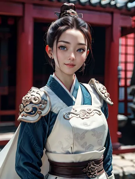 (masterpiece, best_quality, ultra-detailed), 8K, Chinese female general, pretty, (smiling:0.8), cinematic lighting