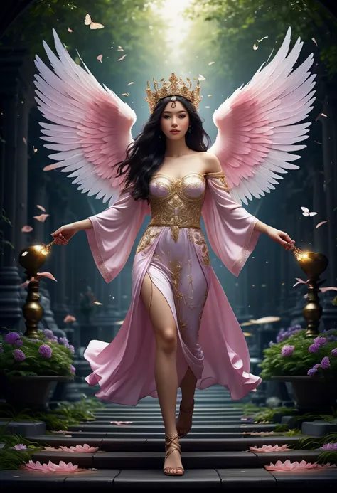 (medium full shot) of (celestial young woman:1.1) angel, __cf-angel/ethnicity__, wearing Angelic robe in heavenly pink, embellished with sequins, wearing a celestial circlet with intricate filigree, shimmering stockings, lavender sandals, feathered (angel wings), (angel halo), carrying a gilded scepter adorned with celestial symbols, scared at the viewer, she's running toward the viewer, .set in divine temple, Heavenly Gardens, Serene outdoor space with lush greenery, fragrant flowers in bloom, winding pathways lined with statues of celestial beings, inviting benches for contemplation, and a gentle babbling brook flowing through the center . ,Masterpiece,best quality, photorealistic, amazing quality, very aesthetic, extremely detailed face,
