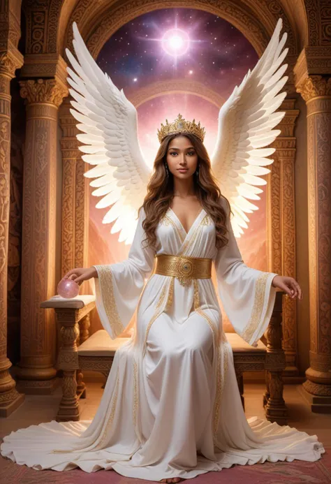 (medium full shot) of (graceful angel with feathered wings and an angel halo) young woman, Average build, long dark low bun hair, native american, tan skin, brown eyes, wearing a celestial circlet with intricate filigree, ethereal silver angelic tunic with with golden sash, layered chiffon skirt, matching teal stockings, white flats, holding a shimmering crystal orb emitting soft light, set in divine temple Sanctum, Ethereal chamber with shimmering golden walls, an ornate altar adorned with precious gems, celestial statues, intricately carved wooden pews, flickering candlelight casting dancing shadows , at night, woman smiling, detailed face, ,Masterpiece,best quality, raw photo, realistic, very aesthetic