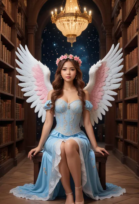 (medium full shot) of (angelic angel) young woman, philippine, brown eyes, tan skin, fair skin, light brown eyes, voluptuous build, medium red half-up half-down hair,  wearing Celestial dress in heavenly blue, featuring intricate embroidery, wearing a wreath of delicate flowers and ivy, pink stockings, white flats, feathered (angel wings), (angel halo), holding a glowing vial containing stardust .set in  divine temple, Celestial Library, Grand hall with towering shelves filled with ancient tomes, cozy reading nooks with plush cushions, a majestic chandelier illuminating the space, ornamental globes, and a tranquil fountain in the center , surprised, open mouth, running toward the viewer, Masterpiece,best quality, photorealistic, amazing quality, very aesthetic, extremely detailed face,