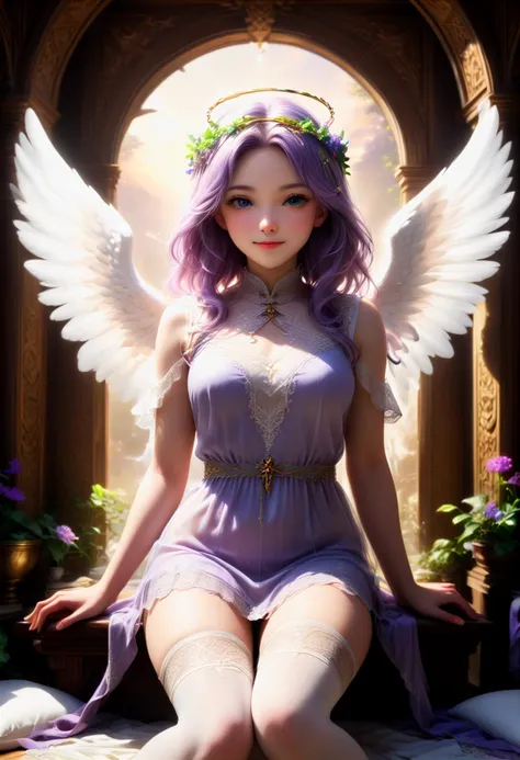 (medium full shot) of (pure young woman:1.1) angel, __cf-angel/ethnicity__, wearing Seraphic tunic in soft lavender, accented with delicate lace, wearing a wreath of delicate flowers and ivy, sheer stockings, white sandals, feathered (angel wings), (angel halo), cradling a dove in gentle hands, smiling at the viewer, making a superhero landing pose, .set in divine temple, Celestial Chamber, Sacred space with celestial murals adorning the walls, a divine throne carved from pure ivory, celestial orbs suspended from the ceiling emitting a soft glow, intricately embroidered tapestries, and soft silk cushions for meditation , at sunset. ,Masterpiece,best quality, photorealistic, amazing quality, very aesthetic, extremely detailed face,