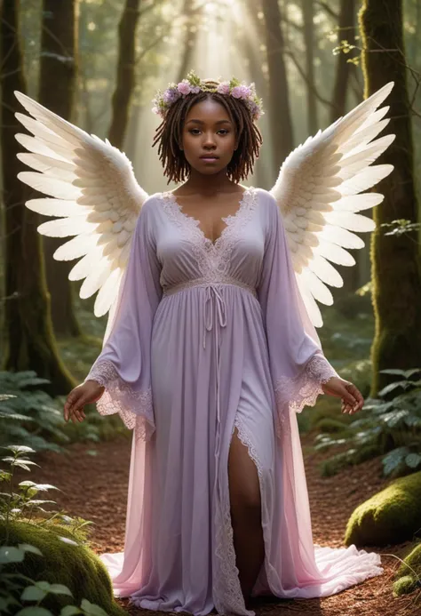 (medium full shot) of (ineffable angel) young woman, south african, dark eyes, dark skin, dark skin, hazel eyes, full-figured build, short hazel dreadlocks hair, wearing Heavenly robe in ethereal lavender, embellished with lace, wearing a wreath of delicate flowers and ivy, lace stockings, pink ballet flats, feathered (angel wings), (angel halo), holding a shimmering crystal orb emitting soft light .set in Grove of Harmony, Tranquil forest filled with ancient, moss-covered trees, their branches reaching towards the heavens, shafts of sunlight filtering through the canopy to dapple the forest floor with soft, ethereal light , surprised, open mouth, running toward the viewer, Masterpiece,best quality, photorealistic, amazing quality, very aesthetic, extremely detailed face,