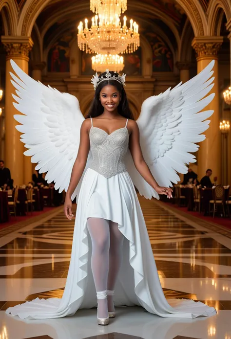 (medium full shot) of (resplendent young woman:1.1) angel, __cf-angel/ethnicity__, wearing Radiant white gown with a high-low hemline, silver accents, wearing a celestial circlet with intricate filigree, matching teal stockings, white ballet flats, feathered (angel wings), (angel halo), cradling a dove in gentle hands, smiling at the viewer, making a superhero landing pose, .set in divine temple, Dining Hall, Opulent hall with polished marble floors, a long banquet table set with fine silverware and crystal goblets, plush velvet chairs, exquisite tapestries adorning the walls, and a magnificent stained glass ceiling depicting heavenly scenes , at sunset. ,Masterpiece,best quality, photorealistic, amazing quality, very aesthetic, extremely detailed face,