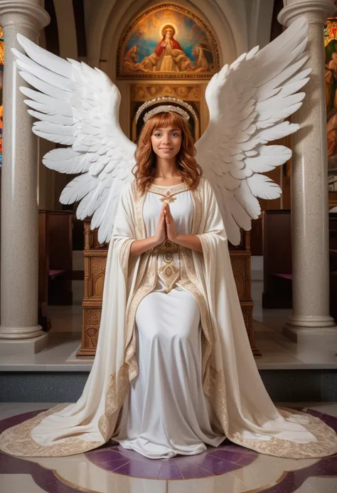 (medium full shot) of (celestial angel with feathered wings and an angel halo) young woman, lithe build, short ginger curtain bangs hair, indian, tan skin, hazel eyes, wearing a diadem adorned with sparkling gemstones, pearl white robe with lace, matching teal stockings, purple ballet flats, cradling a dove in gentle hands, set in church Chapel, Serene sanctuary with a mosaic-tiled floor, a small marble altar adorned with flowers, flickering votive candles, a wooden kneeler, a serene statue of a patron saint , at sunset, woman smiling, detailed face, ,Masterpiece,best quality, raw photo, realistic, very aesthetic
