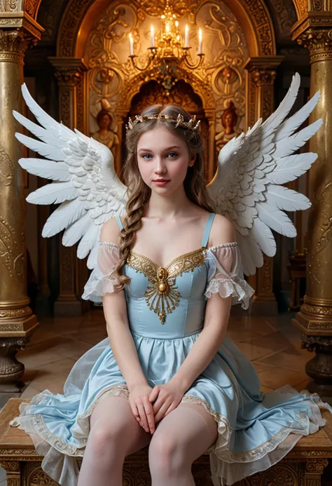 (medium full shot) of (divine angel with feathered wings and an angel halo) young woman, tiny build, medium blonde updo hair, persian, tan skin, light brown eyes, wearing a ethereal tiara crafted from moonlight, ethereal lavender seraphic tunic with with golden sash, flowing tulle skirt, gold stockings, pink ballet flats, carrying a gilded scepter adorned with celestial symbols, set in divine temple, Celestial Chamber, Sacred space with celestial murals adorning the walls, a divine throne carved from pure ivory, celestial orbs suspended from the ceiling emitting a soft glow, intricately embroidered tapestries, soft silk cushions for meditation , woman smiling, detailed face, ,Masterpiece,best quality, raw photo, realistic, very aesthetic