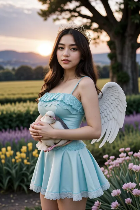 (spring season:1.2),(at sunset:1.2),<lora:LCM_LoRA_Weights_SD15:1>,<lora:detail_slider_v4:1.3>,(ethereal angel with feathered wings and an angel halo) middle-aged Girl, full-figured build, medium blue straight bangs hair, japanese, fair skin, brown eyes,  wearing a intricately woven crown of lilies and roses, pastel blue seraphic satin top, ethereal  skirt, celestial stockings, pink ballet flats, cradling a dove in gentle hands, set in Hill of Enlightenment, Elevated plateau offering panoramic vistas of rolling hills and verdant valleys, crowned by a majestic oak tree under which seekers of wisdom gather, surrounded by fields of swaying wheat and wildflowers ,
flower photography, capturing nature's beauty, delicate petals, vibrant colors, intricate details, showcasing botanical diversity, evoking emotions, conveying serenity, expert composition, professional lighting, immersive floral portrait, timeless elegance,(fullbody shot:1.3),(fullbody shot:1.1),(full body:1.3),(fullbody:1.3),(full body photo:1.3),(full body view:1.3),(wide shot:1.3),dutch angle:1.1,(full body portrait:1.3),