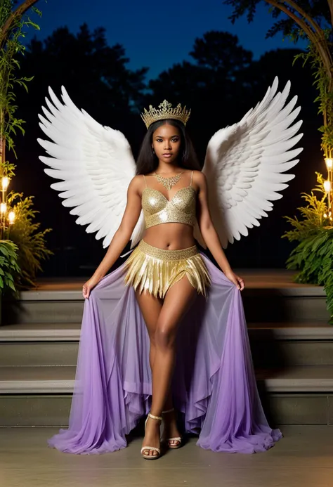(medium full shot) of (otherworldly young woman:1.1) angel, __cf-angel/ethnicity__, wearing Radiant golden outfit with a sequined top, layered tulle skirt, wearing a ethereal tiara crafted from moonlight, lavender stockings, lavender sandals, feathered (angel wings), (angel halo), carrying a gilded scepter adorned with celestial symbols, angry at the viewer, she's squatting pose, .set in public park, Amphitheater, Open-air space with tiered seating, a stage, sound equipment, lighting fixtures, and greenery framing the area , at night. ,Masterpiece,best quality, photorealistic, amazing quality, very aesthetic, extremely detailed face,