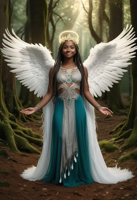 (medium full shot) of (transcendent angel with feathered wings and an angel halo) young woman, lithe build, extra long dark double braids hair, indian, ebony skin, dark green eyes,  wearing a crown of silver feathers glimmering with divine energy, celestial teal seraphic tunic with delicate lace, ethereal tulle skirt, gold stockings, silver flats, cradling a dove in gentle hands, set in  Grove of Harmony, Tranquil forest filled with ancient, moss-covered trees, their branches reaching towards the heavens, shafts of sunlight filtering through the canopy to dapple the forest floor with soft, ethereal light , at night, woman smiling, detailed face, ,Masterpiece,best quality, raw photo, realistic, very aesthetic
