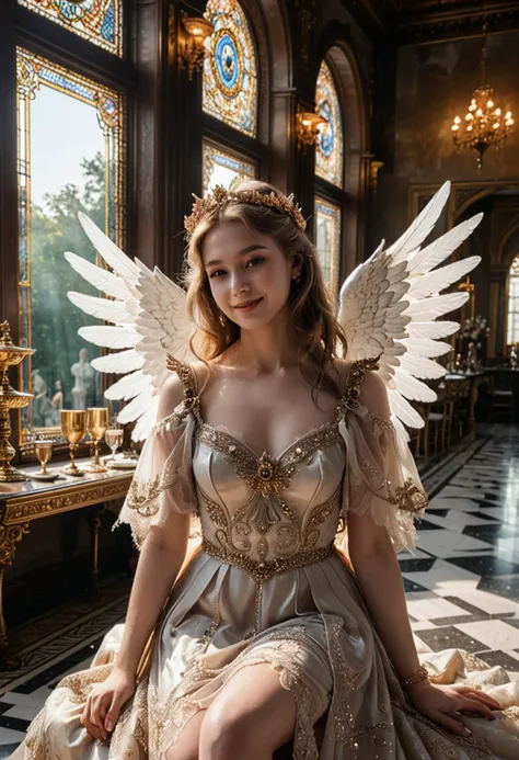 (medium full shot) of (ineffable angel with feathered wings and an angel halo) young woman, tiny build, extra long dark french twist hair, korean, fair skin, light brown eyes, wearing a ethereal tiara crafted from moonlight, rose gold tunic with delicate lace, ethereal tulle skirt, lace stockings, gold sandals, carrying a silver chalice filled with celestial nectar, set in divine temple, Dining Hall, Opulent hall with polished marble floors, a long banquet table set with fine silverware and crystal goblets, plush velvet chairs, exquisite tapestries adorning the walls, a magnificent stained glass ceiling depicting heavenly scenes , at sunset, woman smiling, detailed face, ,Masterpiece,best quality, photo, realistic, very aesthetic,