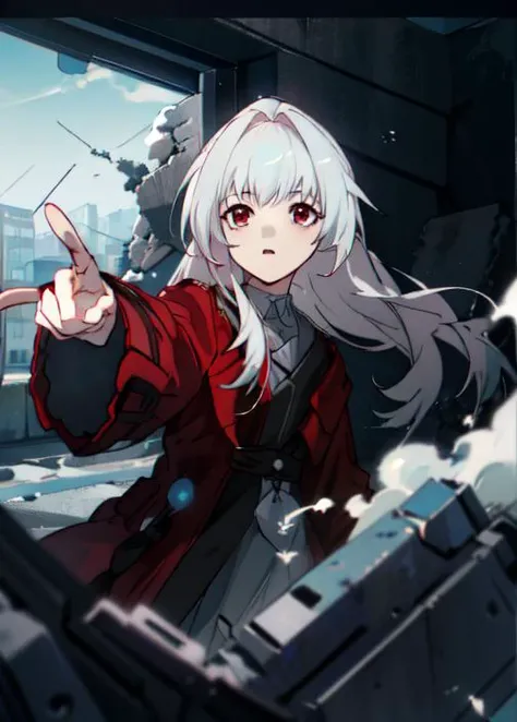 <lora:csm_anime_style_offset:0.8> <lyco:GoodHands-beta2:1><lora:animixAnimeScreenshotLikeStyleMixLora_v10:0.6> <lora:Clara_Honkai_Star_Rail:0.8> highres, (masterpiece), high quality, great detail, (csm anime style), sharp edges, 1girl, clara, honkai_star_rail, white hair, red eyes, tired, looking at camera, pointing at camera, one hand down, ruins, depth of view, perspective,