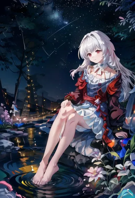 <lyco:GoodHands-beta2:1><lora:animixAnimeScreenshotLikeStyleMixLora_v10:0.8> <lora:Clara_Honkai_Star_Rail:0.8> <lora:add_detail:1> highres, (masterpiece), high quality, great detail, 1girl, clara, honkai_star_rail, long hair, sidelocks, red eyes, bare foots, water on the ground, grass, dirt, trees, flower, night, lighting reflection, high angle shot,
