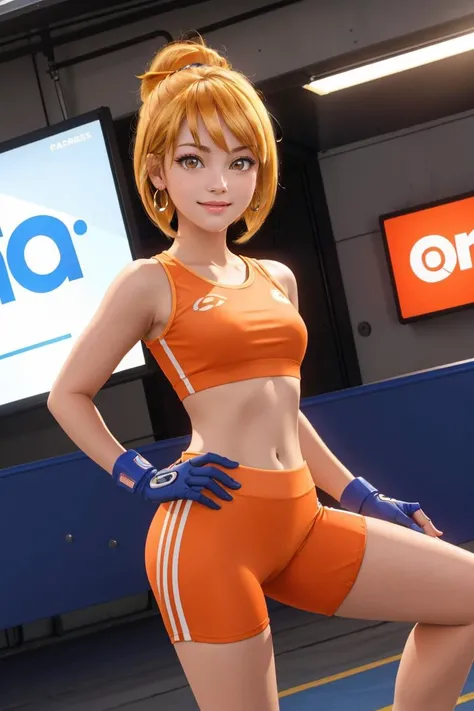 professional photo of battlegirlDP, hands behind back, embarrassed, shy, 1girl, solo, looking at viewer, smile, short hair, bangs, shirt, gloves, jewelry, closed mouth, earrings, shorts, midriff, fingerless gloves, crop top, eyelashes, bike shorts, orange shirt, orange shorts,
detailed skin, detailed eyes, finely detailed hair,
volumetric light, highrez, masterpiece, best quality,
<lora:battlegirlDP:0.68:MIDD>