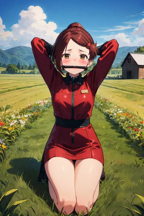 1girl, ((ultra detailed)),(masterpiece), (best quality), (8K UHD),(extremly detailed skin),nsfw,wide shot, farm, (barn far away, field of grass),looking at viewer,glossy skin,
<lora:flatBG:-0.5>
<lora:KissXSis_SuminoeAko:0.95:lbw=FACE> , Ako , blush, brown hair, brown eyes, medium hair, ponytail, hairclip, AkoHome,
<lora:bitgag-v1:0.9:lbw=FACE> bitgag, (kneeling:1.1),bdsm,bondage,arms behind head,