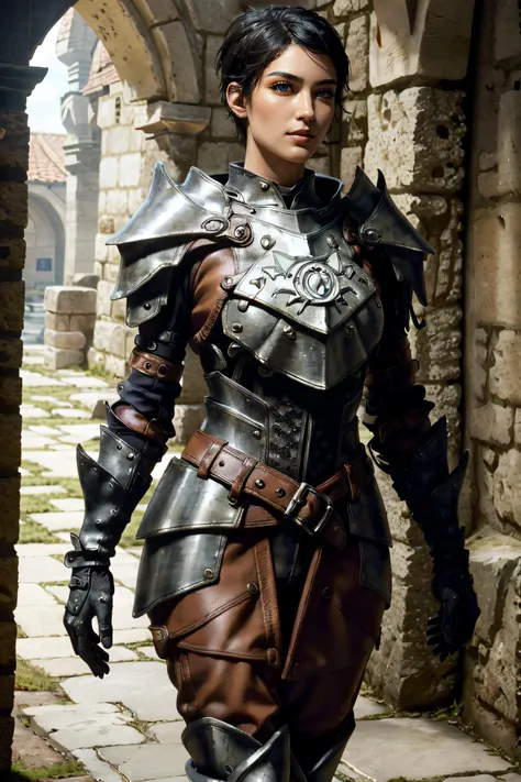(masterpiece, best quality, ultra detailed, absurdres)1.5, 1girl, (sexy, beautiful woman, perfect face, perfect eyes, perfect female body)1.5, (cassandrada, short hair, black hair, armor, shoulder armor, gloves, armored boots, <lora:CassandraDA :0.7>), (standing, medieval castle), perfect lighting, smooth, hdr
