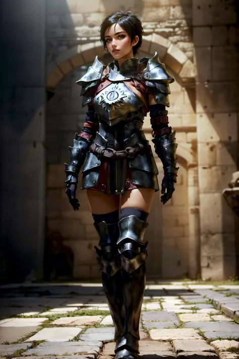 (masterpiece, best quality, ultra detailed, absurdres)1.5, 1girl, (sexy, beautiful woman, perfect face, perfect eyes, perfect female body)1.5, (cassandrada, short hair, black hair, armor, shoulder armor, gloves, armored boots, <lora:CassandraDA :0.7>), (standing, medieval castle), perfect lighting, smooth, hdr