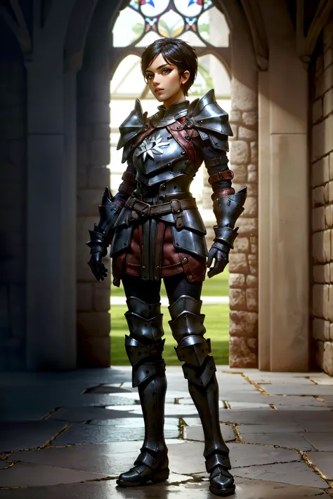 (masterpiece, best quality, ultra detailed, absurdres)1.5, 1girl, (sexy, beautiful woman, perfect face, perfect eyes, perfect female body)1.5, (cassandrada, short hair, black hair, armor, shoulder armor, gloves, armored boots, <lora:CassandraDA :0.7>), (standing, medieval castle), perfect lighting, smooth, hdr