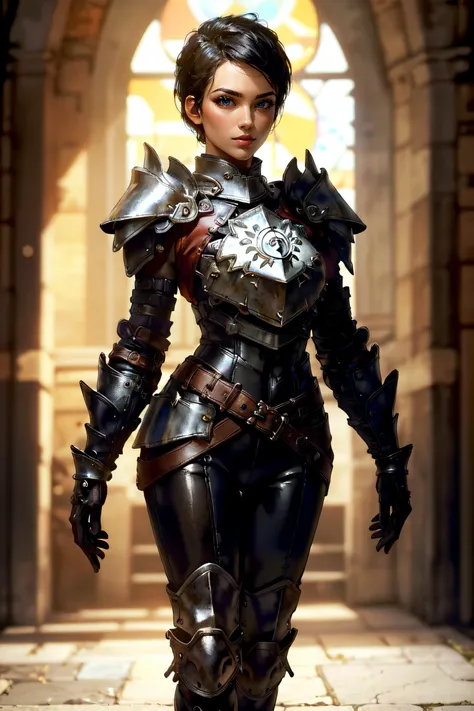 (masterpiece, best quality, ultra detailed, absurdres)1.5, 1girl, (sexy, beautiful woman, perfect face, perfect eyes, perfect female body)1.5, (cassandrada, short hair, black hair, armor, shoulder armor, leather pants, armored boots, gloves, <lora:CassandraDA :0.7>), (standing, medieval castle), perfect lighting, smooth, hdr