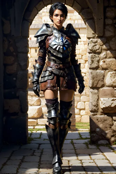(masterpiece, best quality, ultra detailed, absurdres)1.5, 1girl, (sexy, beautiful woman, perfect face, perfect eyes, perfect female body)1.5, (cassandrada, short hair, black hair, armor, shoulder armor, gloves, armored boots, <lora:CassandraDA :0.7>), (standing, medieval castle), perfect lighting, smooth, hdr