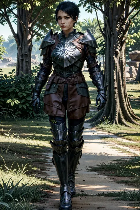 CassandraDA, 1girl, solo, armor, black hair, realistic, boots, gloves, looking at viewer, full body, outdoors, standing, tree, shoulder armor, grass
<lora:epi_noiseoffset2:1>, <lora:CassandraDA :0.7>