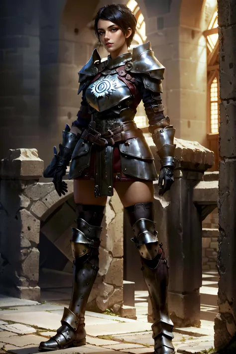 (masterpiece, best quality, ultra detailed, absurdres)1.5, 1girl, (sexy, beautiful woman, perfect face, perfect eyes, perfect female body)1.5, (cassandrada, short hair, black hair, armor, shoulder armor, gloves, armored boots, <lora:CassandraDA :0.7>), (standing, medieval castle), perfect lighting, smooth, hdr