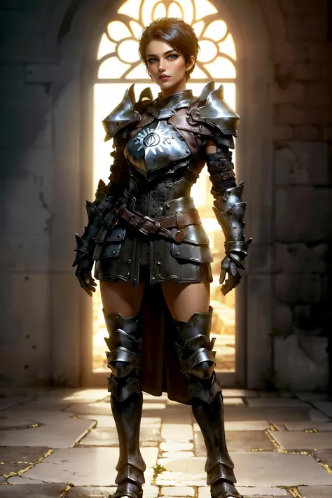 (masterpiece, best quality, ultra detailed, absurdres)1.5, 1girl, (sexy, beautiful woman, perfect face, perfect eyes, perfect female body)1.5, (cassandrada, short hair, black hair, armor, shoulder armor, gloves, armored boots, <lora:CassandraDA :0.7>), (standing, medieval castle), perfect lighting, smooth, hdr