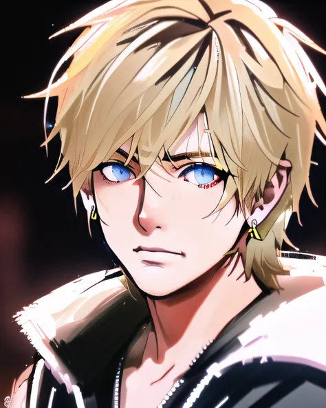 red eye color, close up portrait male in the style of <lora:graphic_illust_12:0.8>, (blonde hair), , short hair, streetwear, smirking, standing in a street, at night,