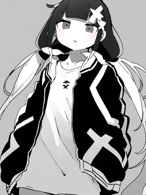 masterpiece, best quality, 1girl, solo, long_hair, looking_at_viewer, bangs, simple_background, shirt, hair_ornament, long_sleeves, twintails, jacket, monochrome, ahoge, greyscale, parted_lips, open_clothes, blunt_bangs, low_twintails, x_hair_ornament,  <lora:nknk:1>