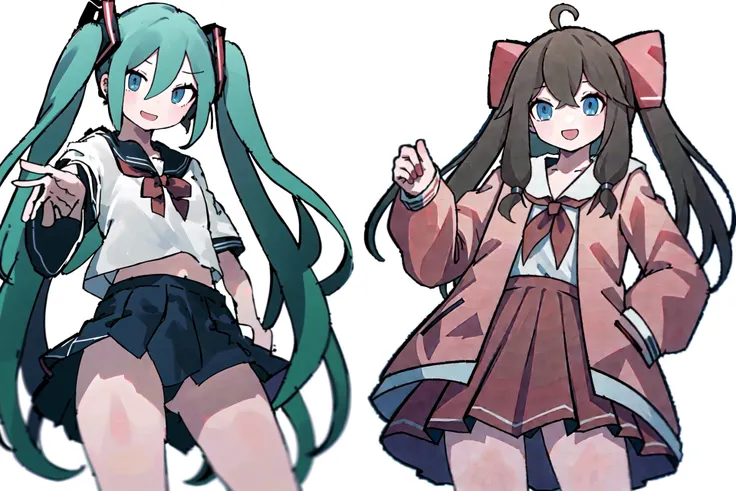 masterpiece, best quality, 2girls, light smile, contrapposto, reaching towards viewer, simple background
AND masterpiece, best quality, 2girls, hatsune miku, green eyes, green hair, reaching towards viewer, school uniform, contrapposto, looking at viewer, light smile, cowboy shot, <lora:nknk:0.4>,  simple background,
AND masterpiece, best quality, 2girls, <lora:jiaran:0.8>, jiaran, (official dress:1.5), blue eyes, brown hair,pink jacket, hair bow, neckerchief,  contrapposto, looking at viewer, light smile, cowboy shot, reaching towards viewer, <lora:nknk:0.4>,  simple background,