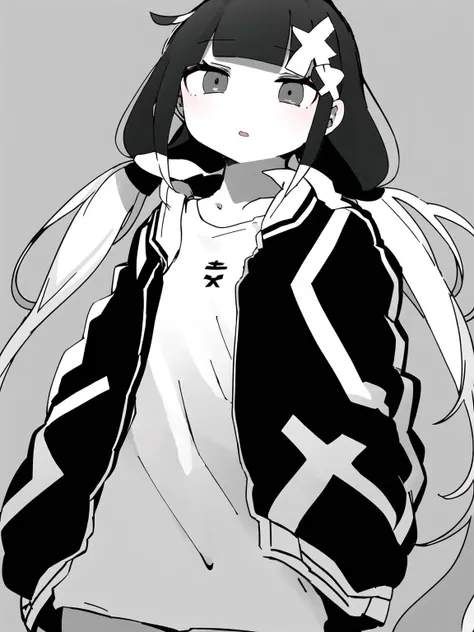masterpiece, best quality, 1girl, solo, long_hair, looking_at_viewer, bangs, simple_background, shirt, hair_ornament, long_sleeves, twintails, jacket, monochrome, ahoge, greyscale, parted_lips, open_clothes, blunt_bangs, low_twintails, x_hair_ornament, <lora:nknk:1>