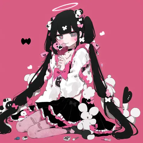masterpiece, best quality, 1girl, solo, long_hair, looking_at_viewer, bangs, skirt, shirt, black_hair, long_sleeves, bow, ribbon, twintails, sitting, monochrome, hair_bow, heart, pantyhose, frills, food, shoes, choker, blunt_bangs, black_skirt, pink_eyes, symbol-shaped_pupils, halo, heart-shaped_pupils, stuffed_toy, pink_background, stuffed_animal, frilled_skirt, pink_bow, fishnets, candy, bandaid, pink_shirt, teddy_bear, lollipop, fishnet_pantyhose, platform_footwear, pink_theme, pill, jirai_kei, <lora:02nukunukuNigirimeshiArt_v10:1>