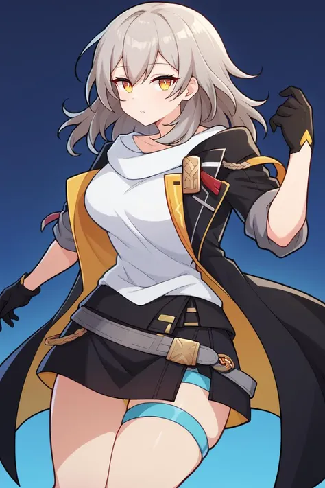 score_9, score_8_up, score_7_up, BREAK, <lora:manyakis-guy-PONYv1:1>, 1girl, solo, breasts, <lora:hsr_stelle_ponyXL:0.95> hsrstelle, black coat, open coat, white shirt, black gloves, black skirt, thigh strap
