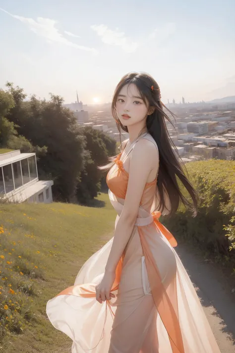 1girl, lovely Painting, majestic, establishing shot of a ("Killing me softly with his song.":1.3) , it is very Gloomy and Futuristic, Broken Tashkent in background, dense hillside with Rose, at Sunrise, Wide view, (realism art stylized by Mark Lovett:0.9) , (Paolo Veronese:1.2) , (Alberto Burri:1.3) , Masterpiece, Regret, Goblincore, Motion blur, Low shutter, Orange hue, blended visuals, biomorphic forms, Pixabay, award winning