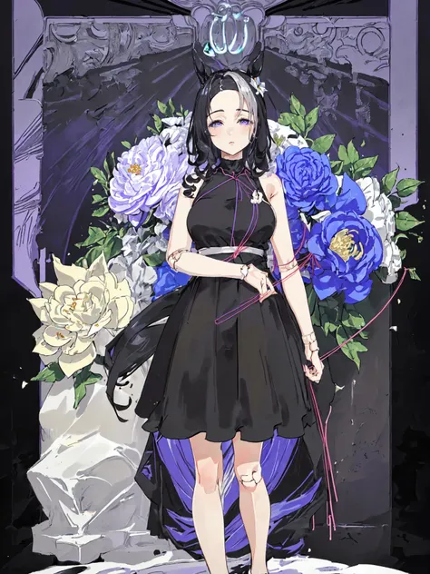 紫の花と王冠を持つ黒いドレスのアニメの女の子 - SeaArt AI