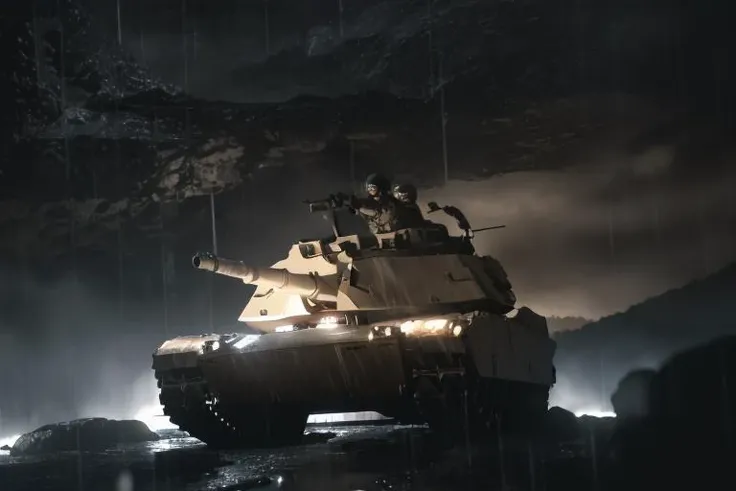 analog gloomy (close up shot) photo of an ((M1 Abrams tank, <lora:m14br4m5:1>)), shooting, (in a rocky desert alien planet (at midnight)), soldiers mounted on the turrets, ((heavy rain:1.5)), ((thunderstorm)), ((horror movie)), ((nighttime)), ((midnight)), High Detail, Sharp focus, ((photorealism)), ((realistic)), best quality, 8k, award winning, dramatic lighting, epic, cinematic, masterpiece, rim light, ambient fog:1.5, dutch angle, depth of field, volumetric lights,