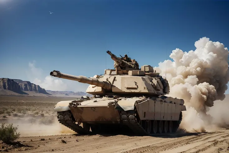 m1abrams, tank,driving in the desert, moving, dusty, sunny, bright lighting, hdr, extremely detailed, <lora:m14br4ms:.8>