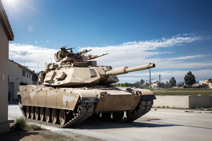 m1abrams, tank, parked, neighborhood in california, sunny, side view, hdr, extremely detailed, <lora:m14br4ms:.8>