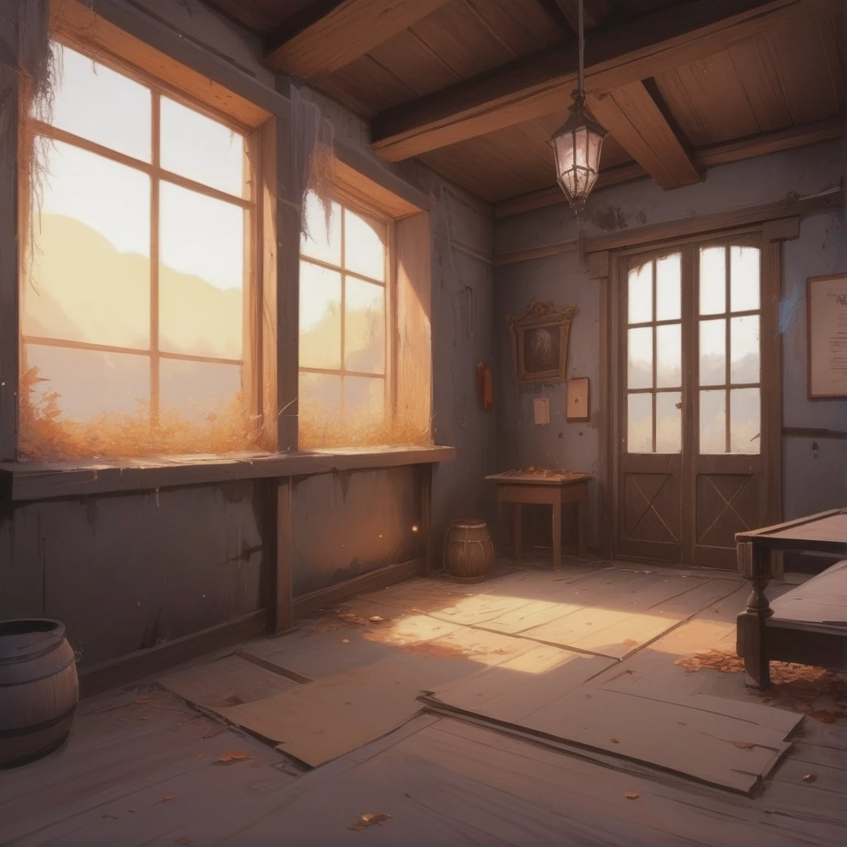 anime style digital painting, Trapped Spirits' Chamber \(room\) in a abandoned,quaint fantasy hamlet in a Reaper's Soul Plains<lora:EnvyStarlightDigitalPainting01:1>