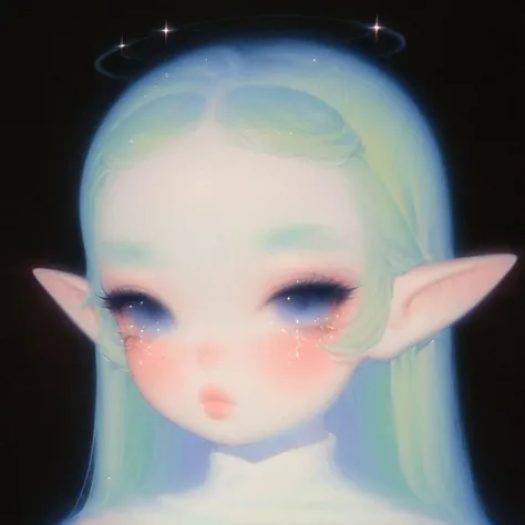 crybaby babe, pastel colours, green hair, long hair, pointy ears, chubby lips, milky white skin, dark background, siren, scaled skin