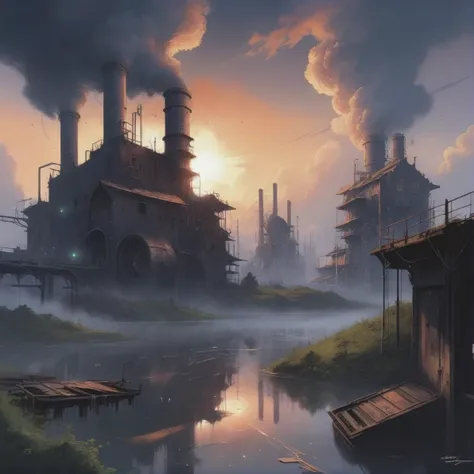 anime style digital painting, reclaimed abandoned factory in a Mystical,mysterious fantasy sky megacity outside of the universe, masterpiece, by Vitaly Bulgarov<lora:EnvyStarlightDigitalPainting01:1>